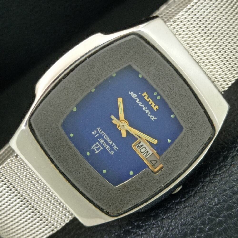 Vintage 1984 HMT Automatic Mens Silver Watch W/Daydate & Blue accents